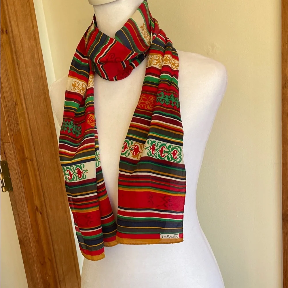 TALBOTS Vintage Oblong Silk Geometric Scroll Motif Multicolor Scarf